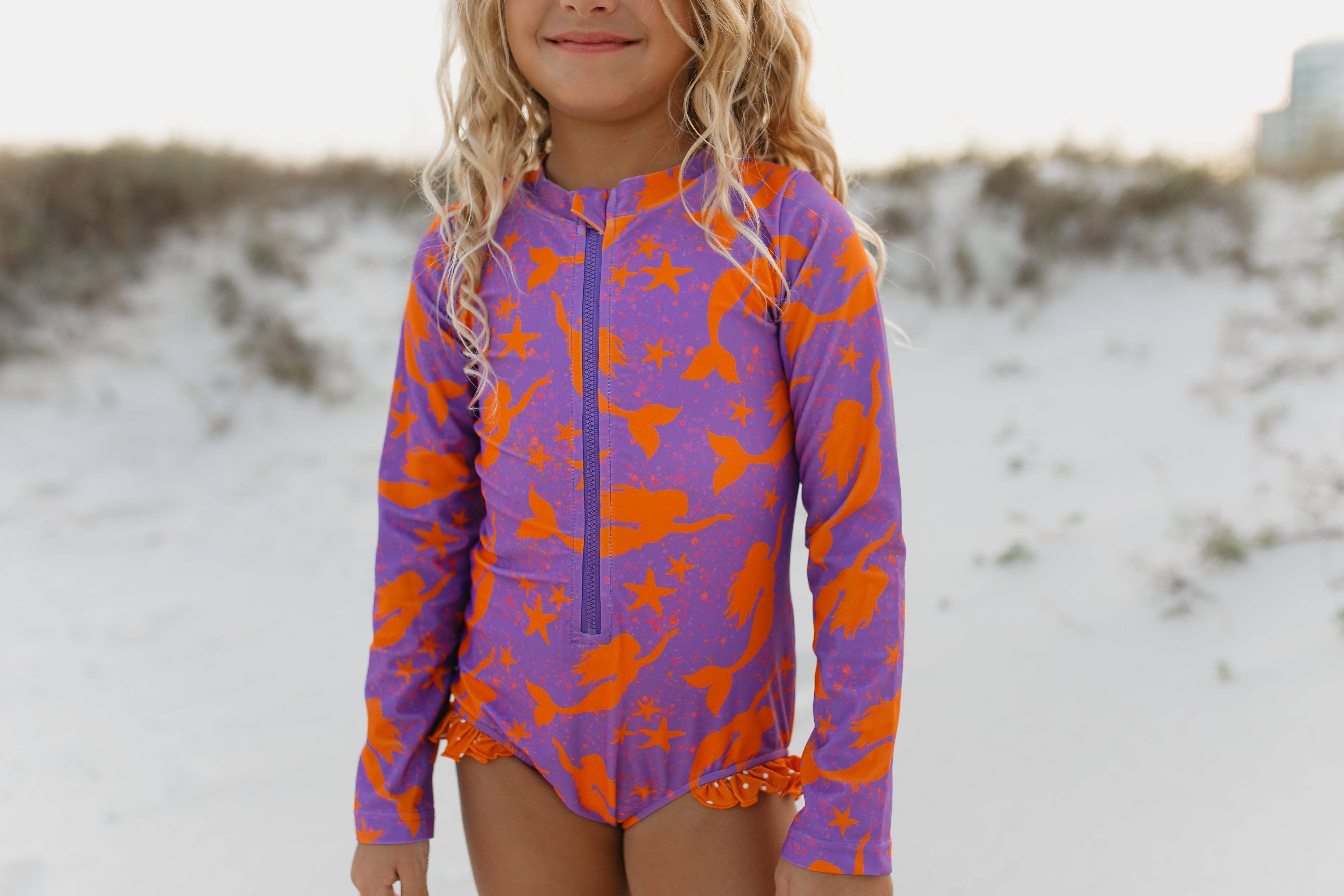 Kids Purple Mermaid Zip Rash Guard One Piece Swimsuit