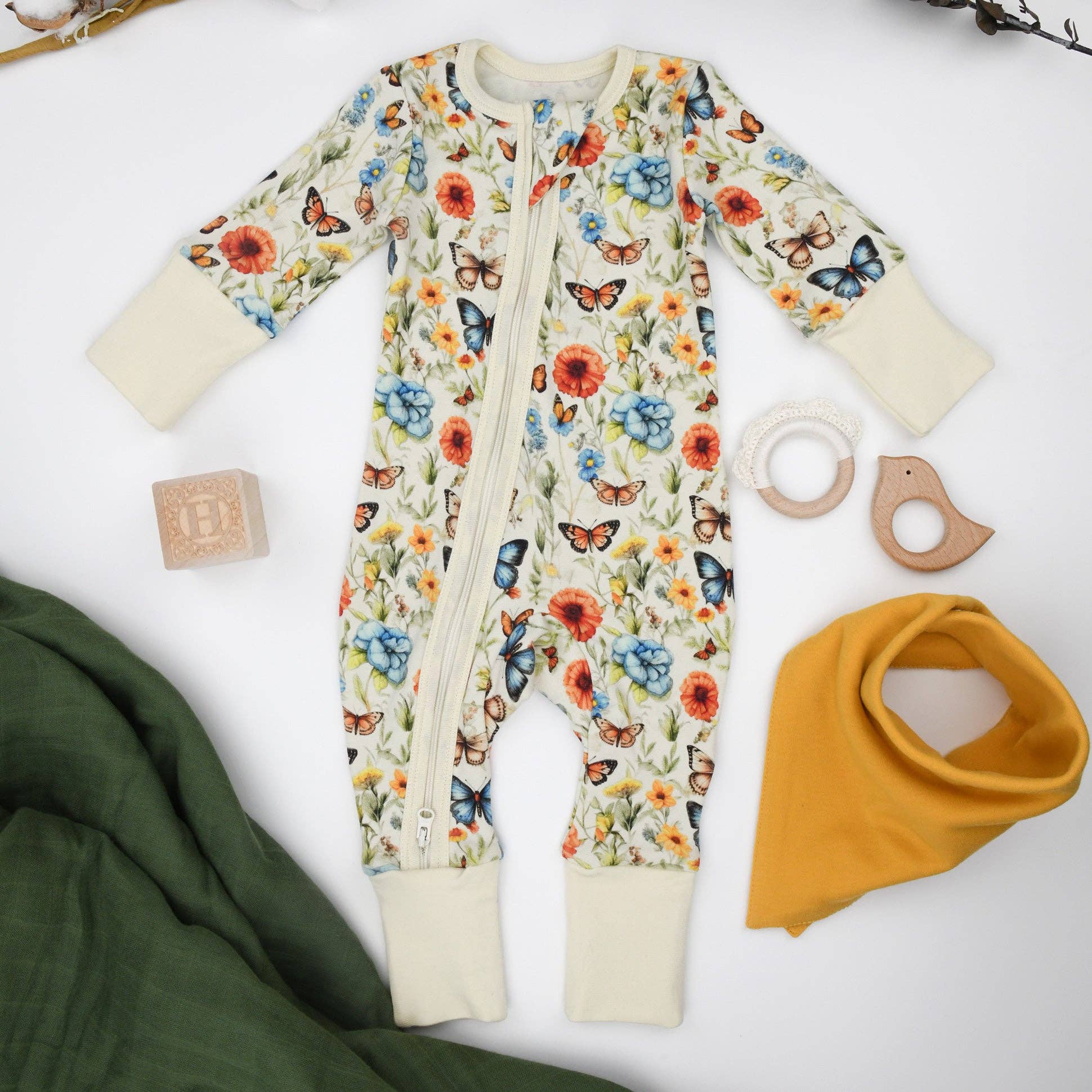 Organic Cotton Baby Pajamas 2-Way Zip Front Zipper Sleeper, Blossom: 0-3M