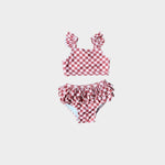 S24 D1: Girl's Two-Piece Ruffle Swim Set in Strawberry Check