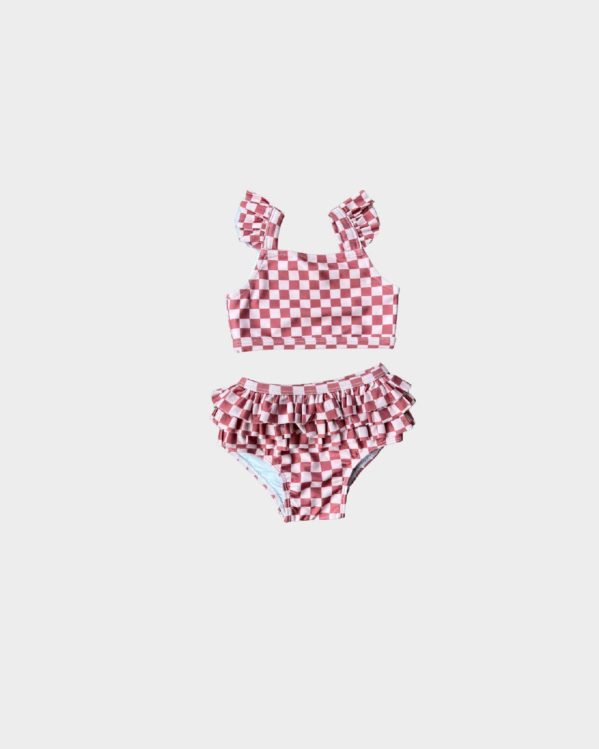 S24 D1: Girl's Two-Piece Ruffle Swim Set in Strawberry Check