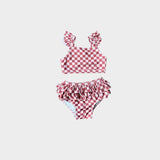 S24 D1: Girl's Two-Piece Ruffle Swim Set in Strawberry Check