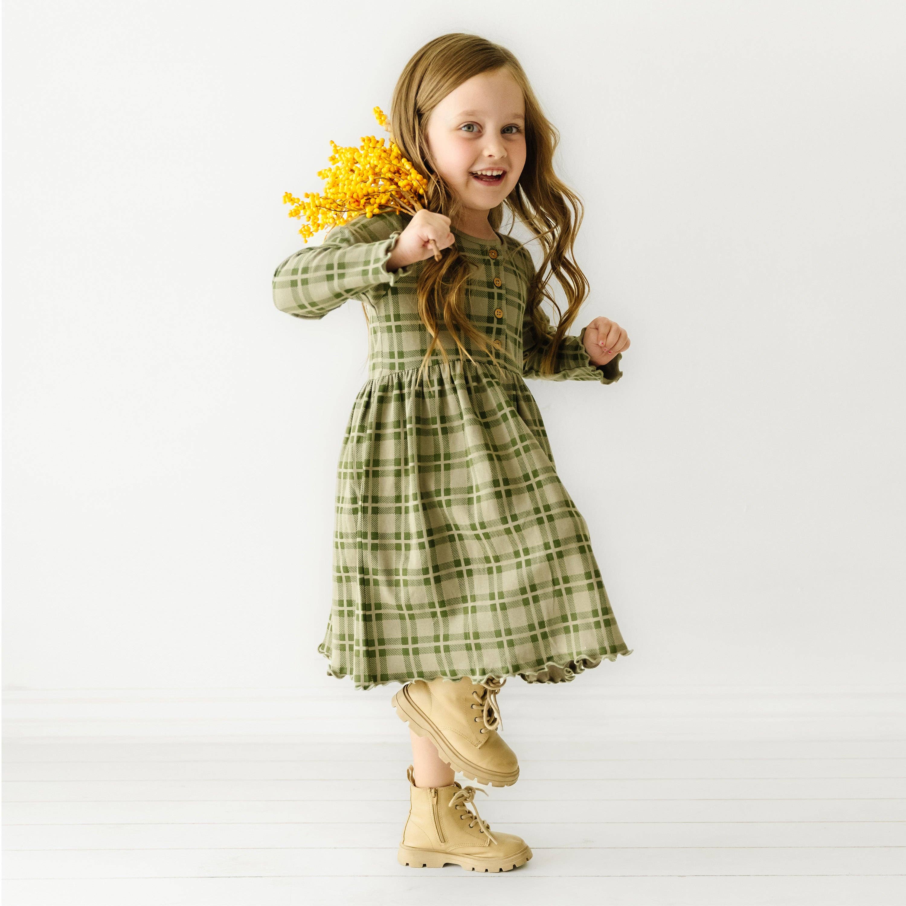 Organic Long Sleeve Twirl Dress - Plaid