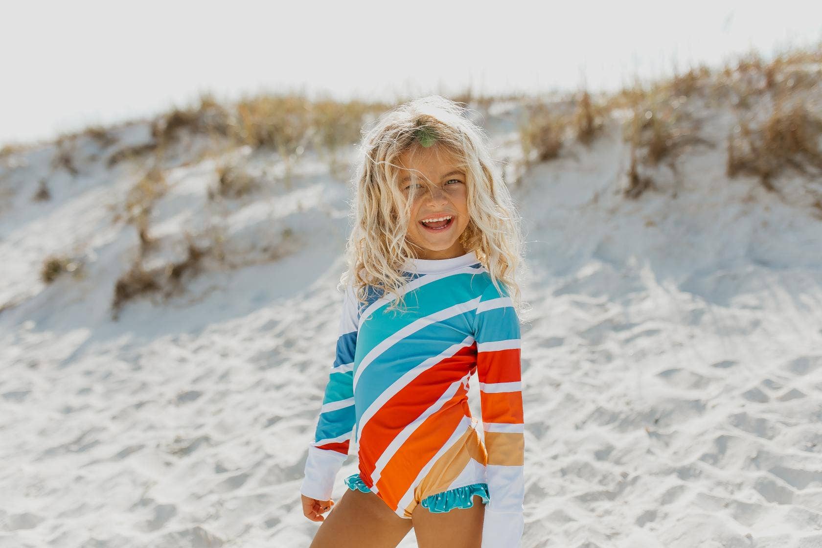 Kids Stripe Rainbow Zip Rash Guard One Piece Swimsuit