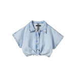 GIRLS S/S FRONT KNOT DENIM SHIRT: L, BLEACH WASH 130