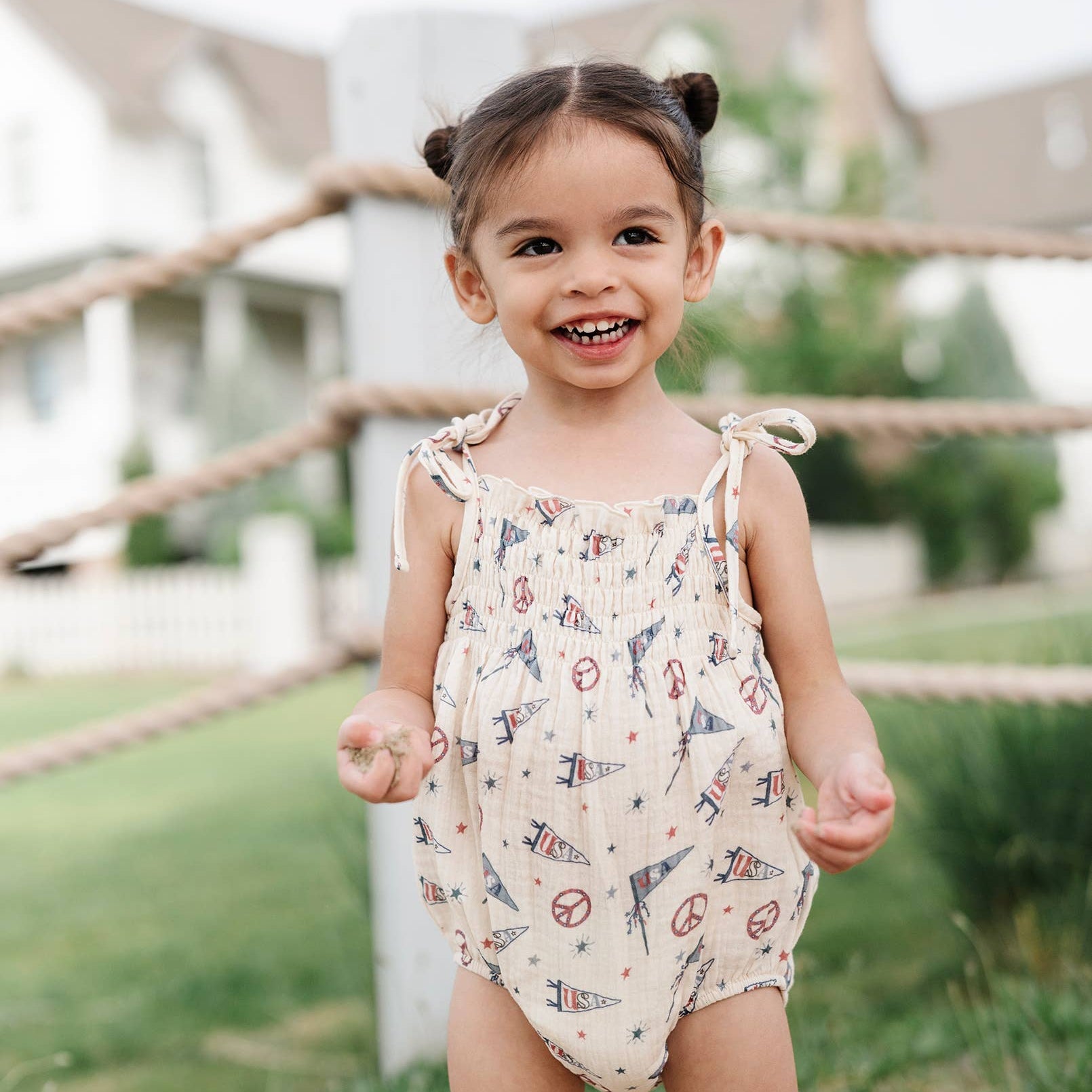 Americana Tie Smocked Bodysuit in USA Flag