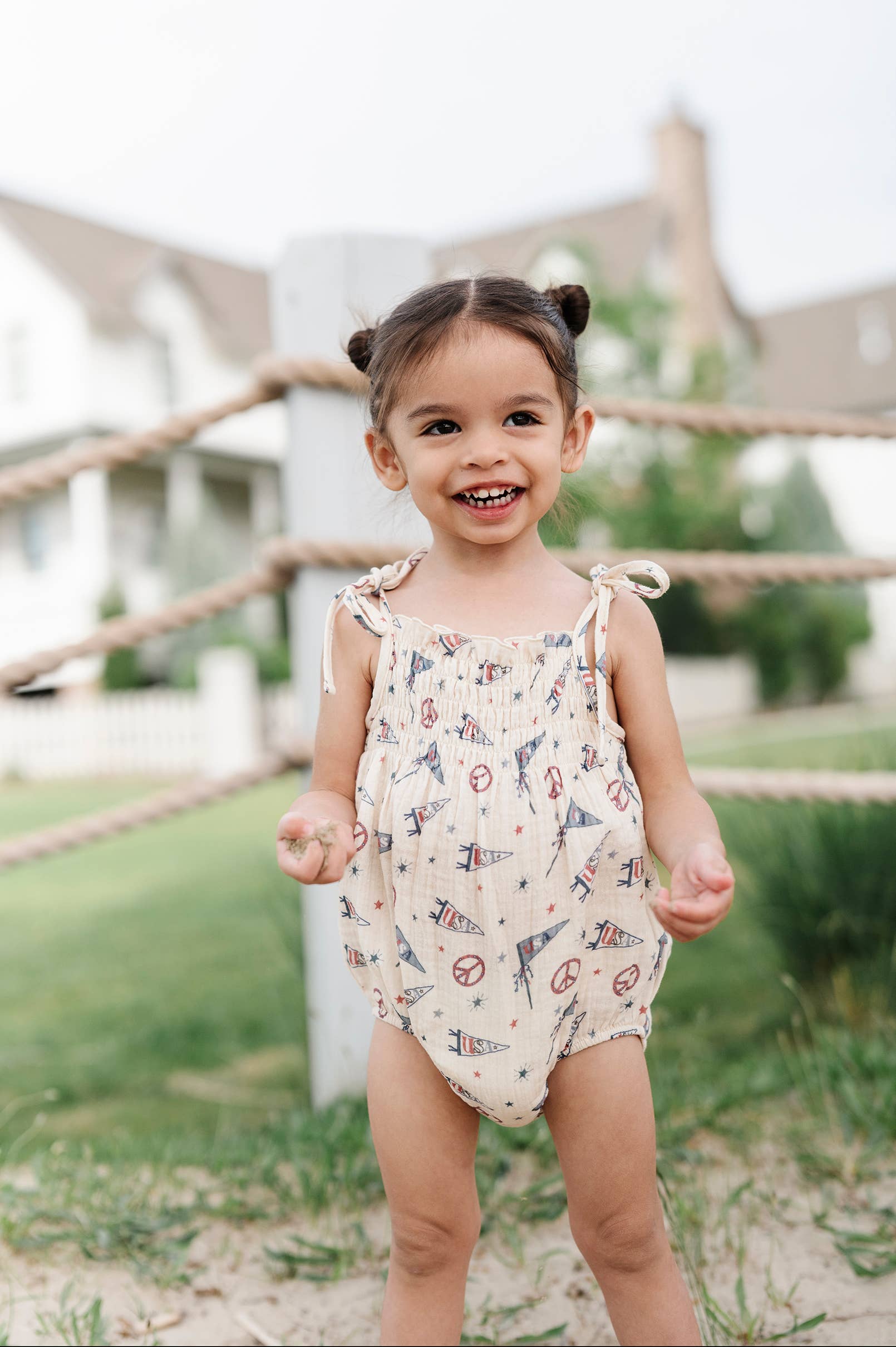 Americana Tie Smocked Bodysuit in USA Flag