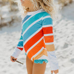 Kids Stripe Rainbow Zip Rash Guard One Piece Swimsuit