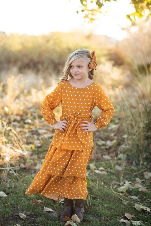 Mustard Polka Dot Tiered Bow Fall Maxi Dress