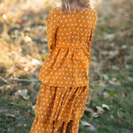 Mustard Polka Dot Tiered Bow Fall Maxi Dress