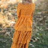 Mustard Polka Dot Tiered Bow Fall Maxi Dress