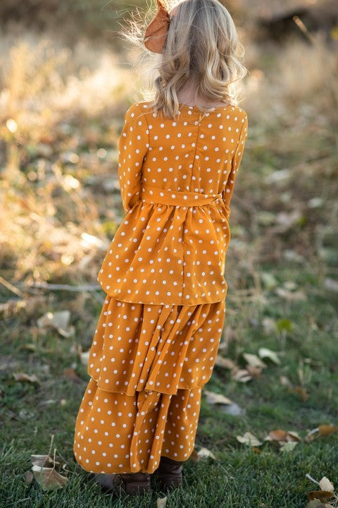 Mustard Polka Dot Tiered Bow Fall Maxi Dress