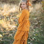 Mustard Polka Dot Tiered Bow Fall Maxi Dress