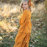 Mustard Polka Dot Tiered Bow Fall Maxi Dress