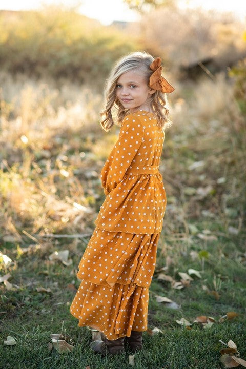 Mustard Polka Dot Tiered Bow Fall Maxi Dress